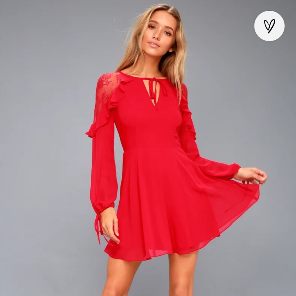 Lulu’s City of Love Red Lace Long Sleeve Skater Dress